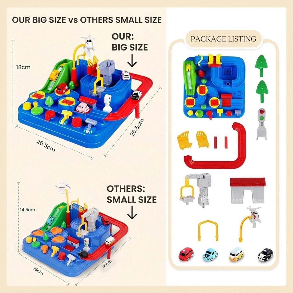 Interactive blue car race track activity game with mini vehicles for kids