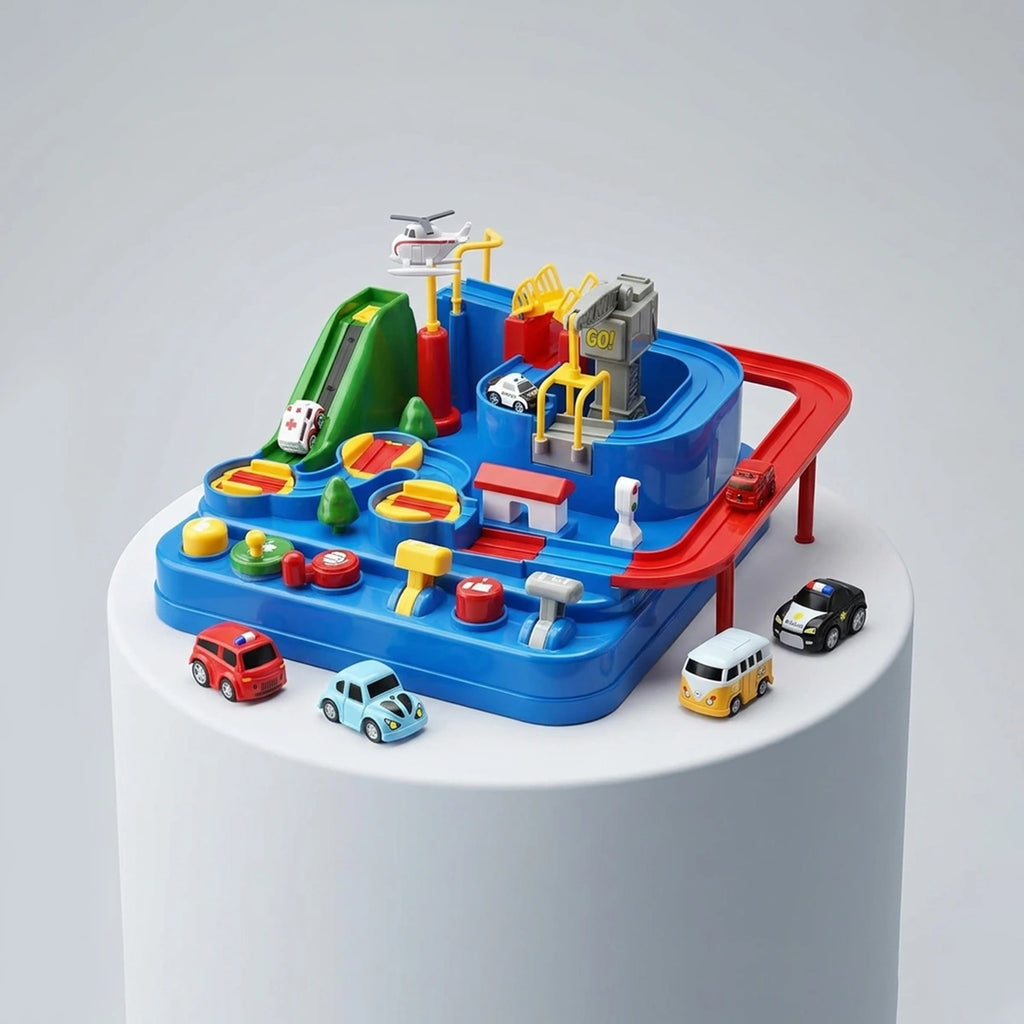 Interactive blue car race track activity game with mini vehicles for kids