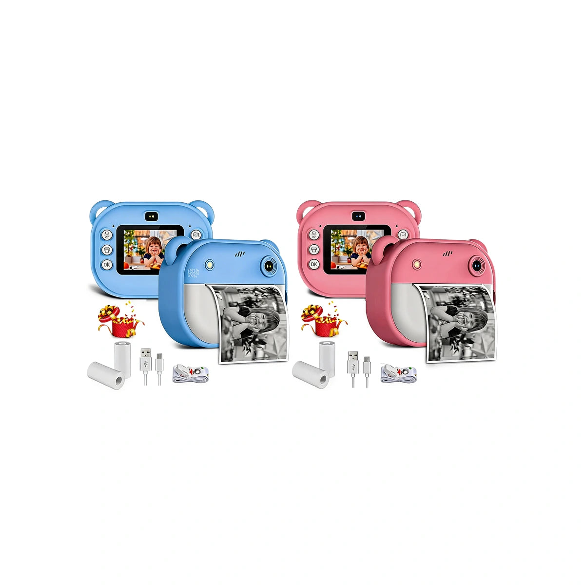 Blue bear-themed instant digital printing camera for kids in blue