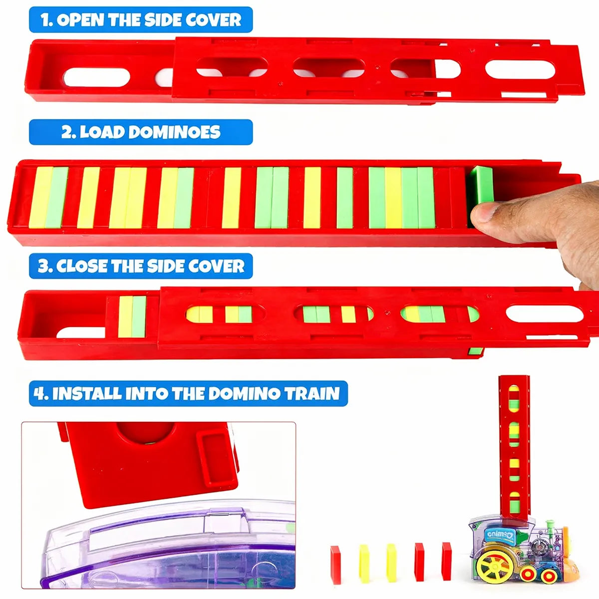 Colorful automatic domino laying train toy with building blocks set