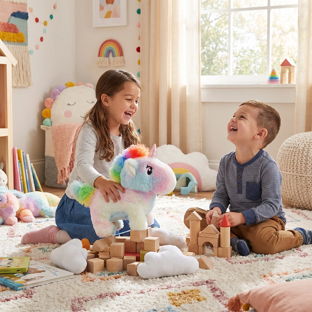Multicolor rainbow unicorn plush toy with soft faux fur and sparkling horn