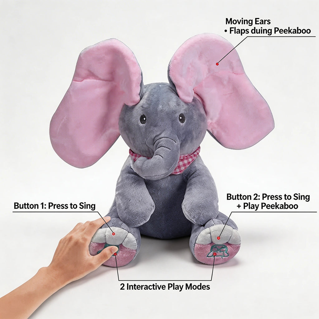 Interactive grey and pink elephant singing plush toy with moving ears