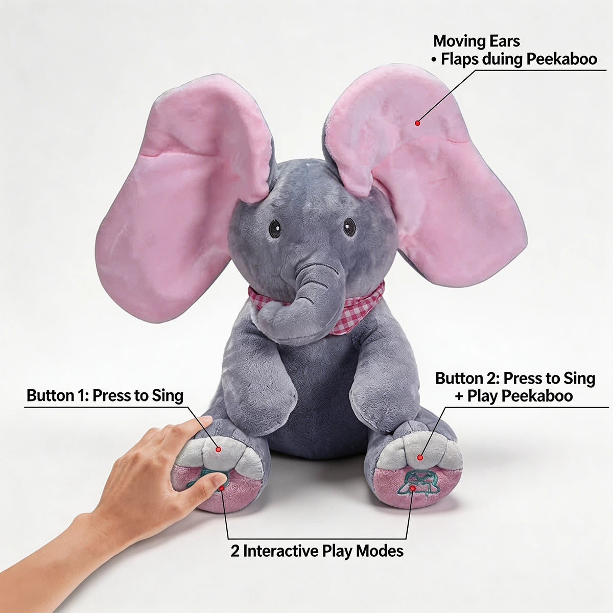 Interactive grey and pink elephant singing plush toy with moving ears