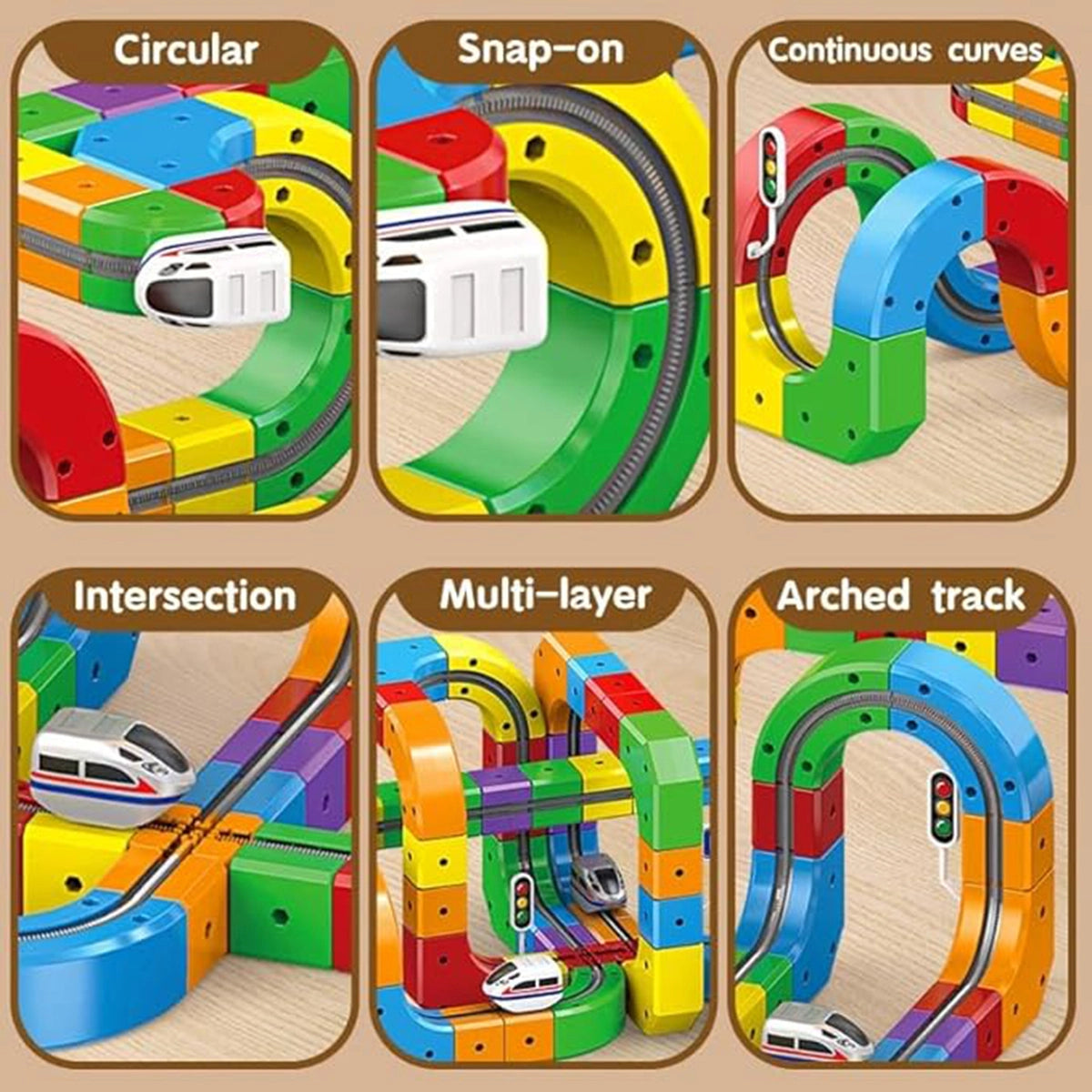 Multicolor DIY plastic modular train track toy with looping arches