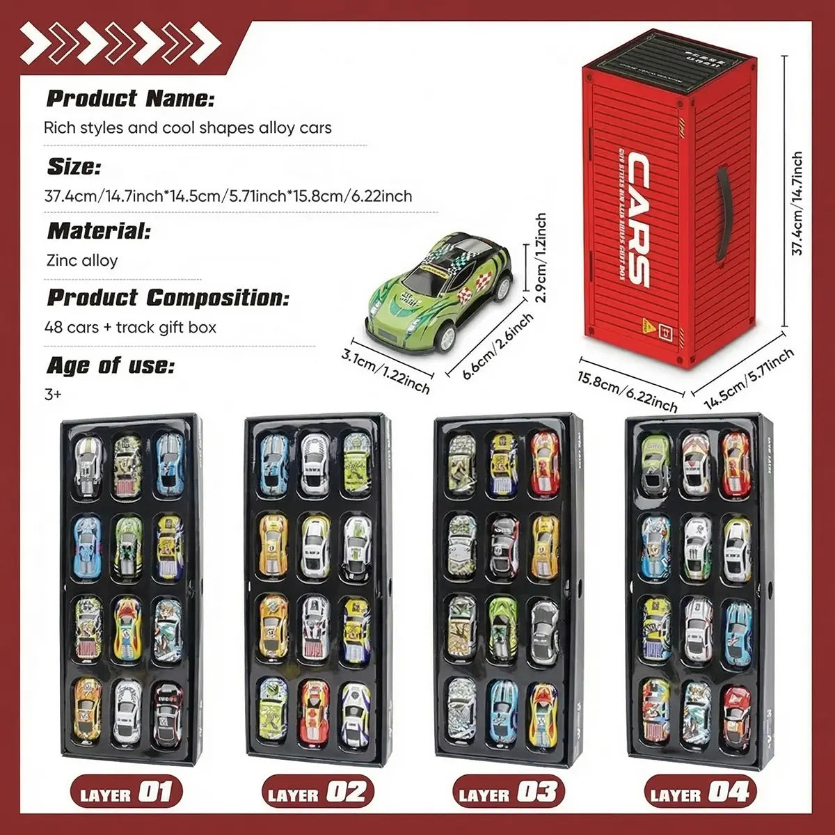 Multicolor alloy miniature toy racing cars with a red storage container box