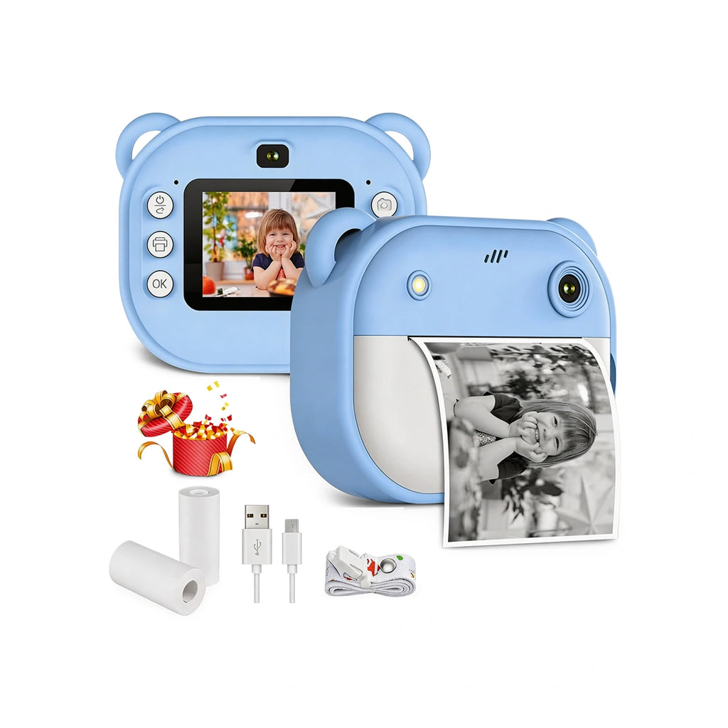 Blue bear-themed instant digital printing camera for kids in blue