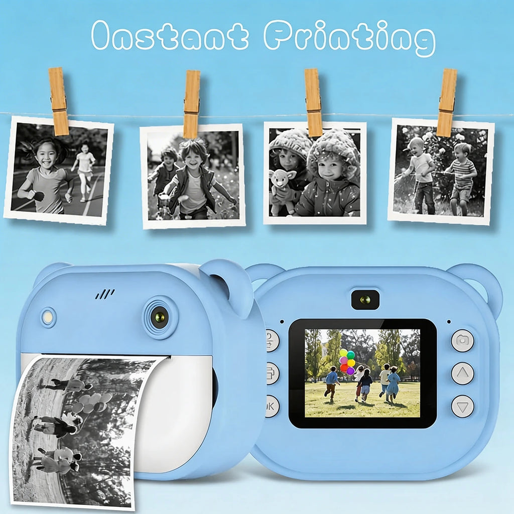 Blue bear-themed instant digital printing camera for kids in blue