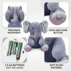 Interactive grey and pink elephant singing plush toy with moving ears
