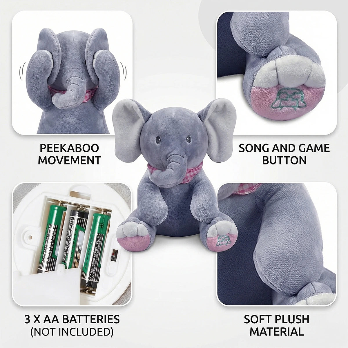 Interactive grey and pink elephant singing plush toy with moving ears