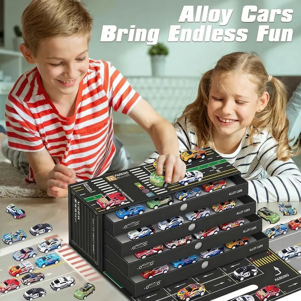 Multicolor alloy miniature toy racing cars with a red storage container box