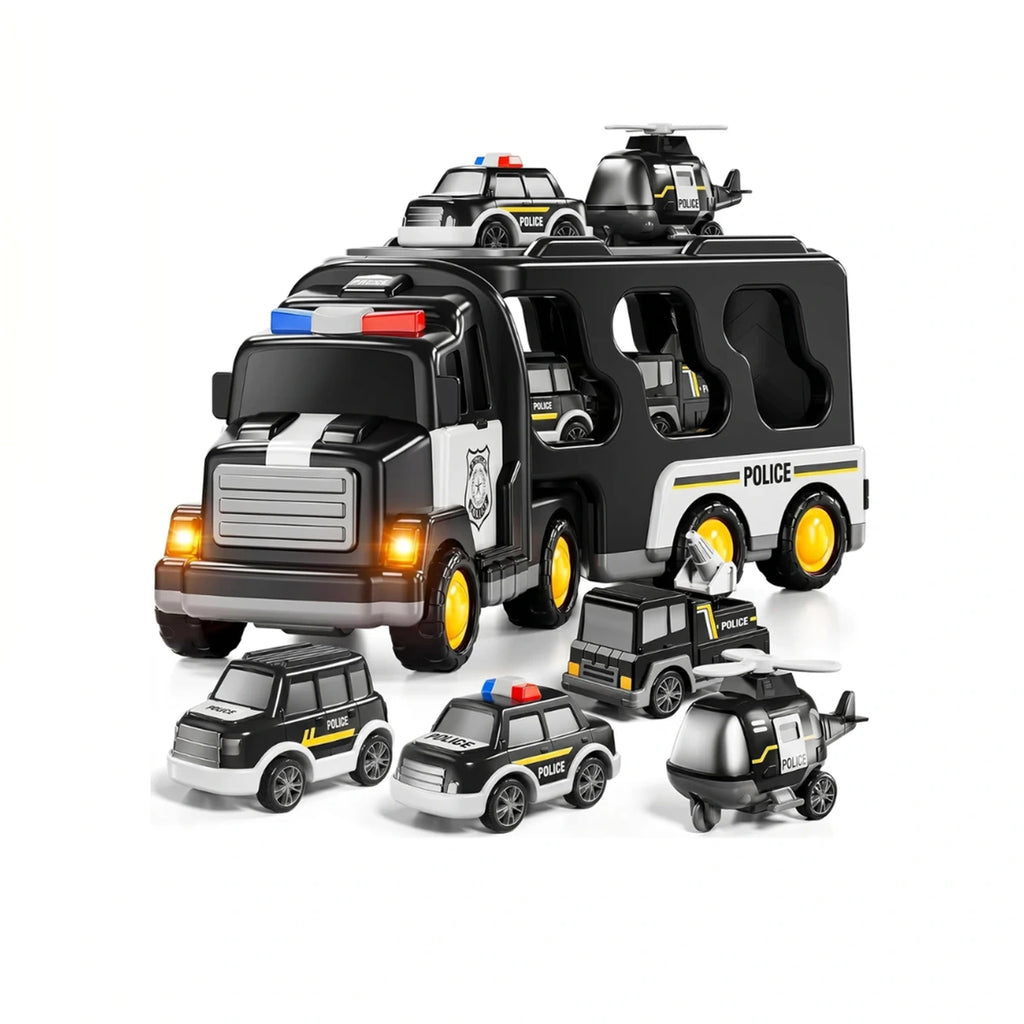 Unisex black police transporter truck toy set with multiple miniature police cars and a helicopter.