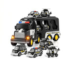 Unisex black police transporter truck toy set with multiple miniature police cars and a helicopter.