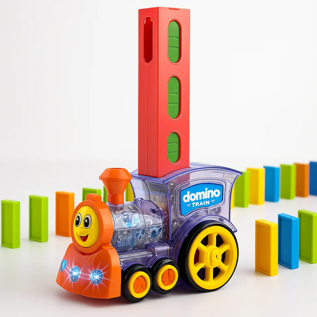 Colorful automatic domino laying train toy with building blocks set