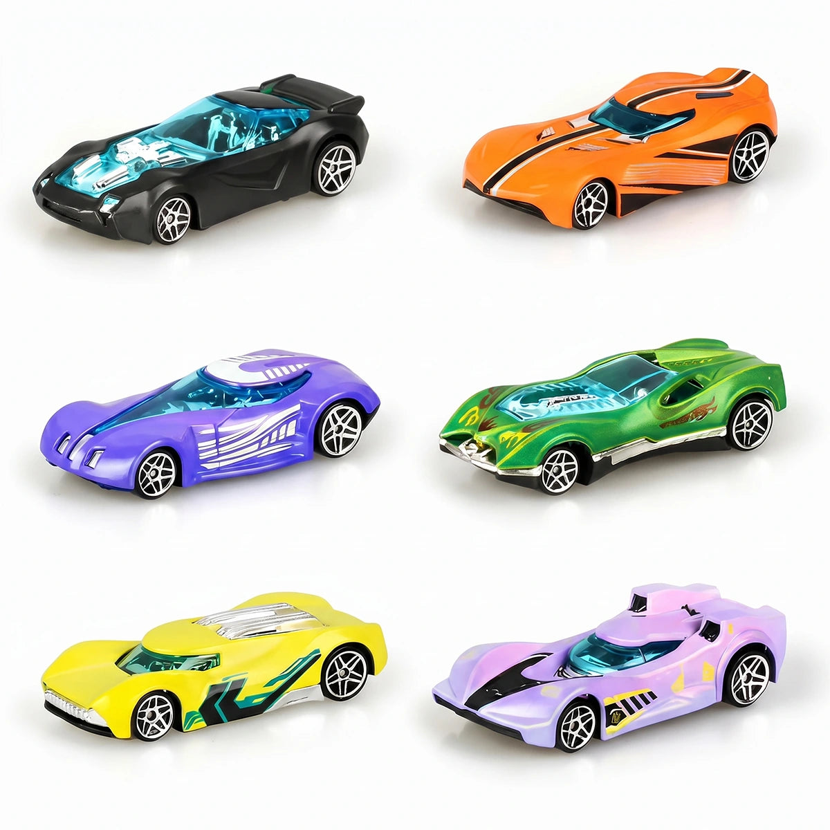 Set of six multicolor alloy racing cars that change color with temperature