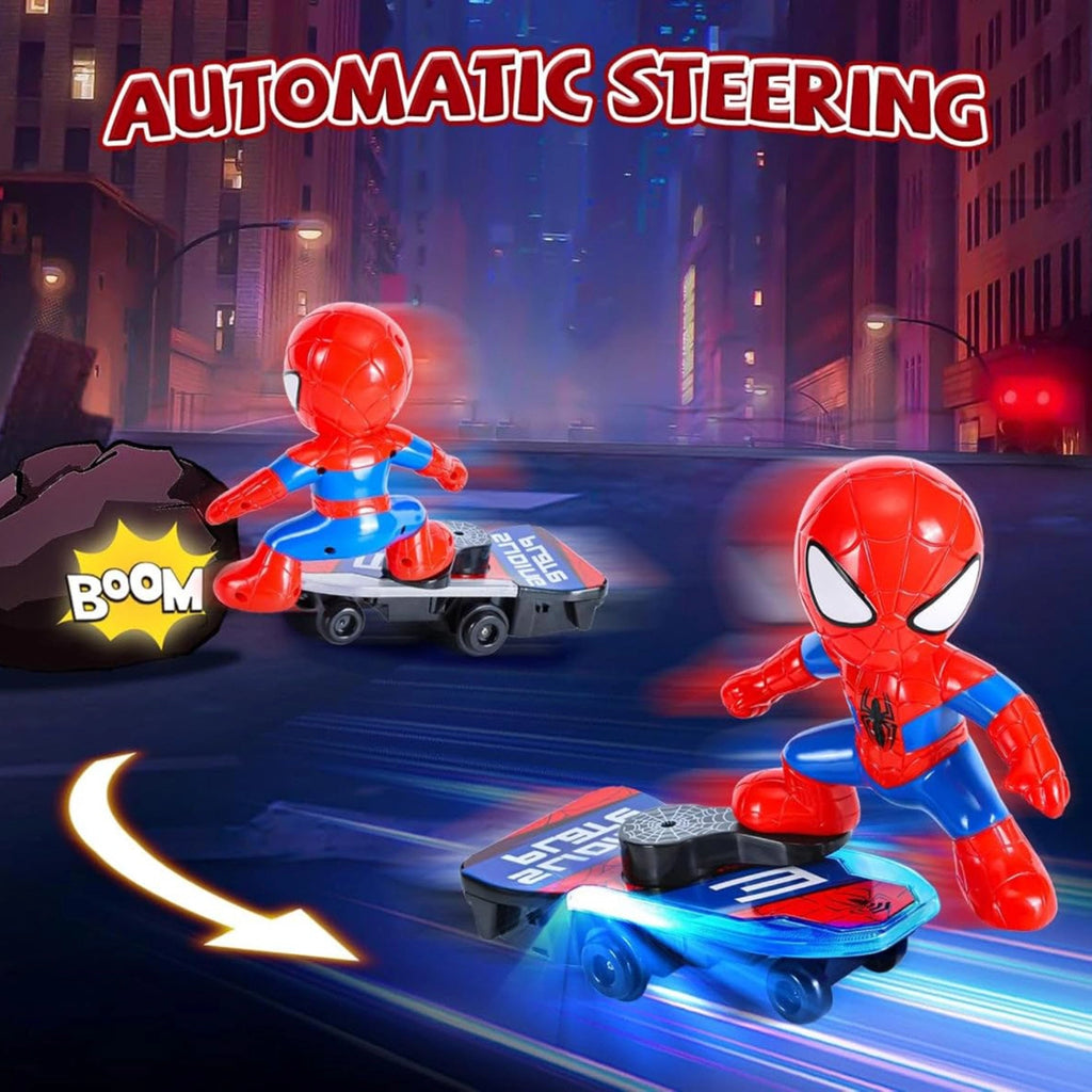 Unisex blue Spider-Man action figure toy riding a rolling skateboard