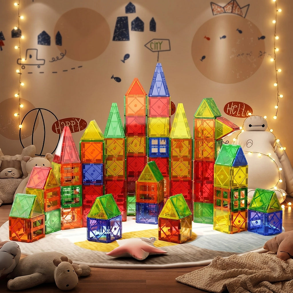Unisex multicolor translucent magnetic building block tiles set for kids
